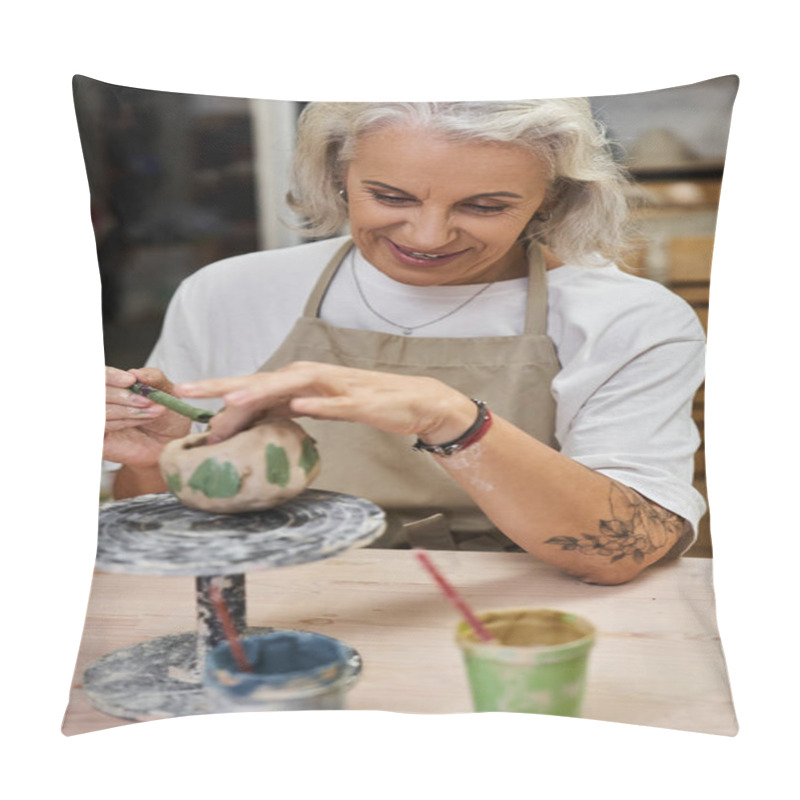 Personality  A Skilled Mature Woman Carefully Shapes Her Pottery Artwork With Passion And Joy. Pillow Covers