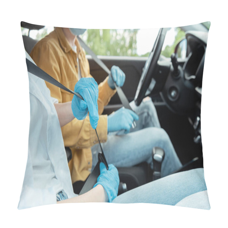 Personality  Cropped View Of Man And Woman In Protection Gloves Fastening Seat Belts In Car During Covid-19 Pandemic Pillow Covers