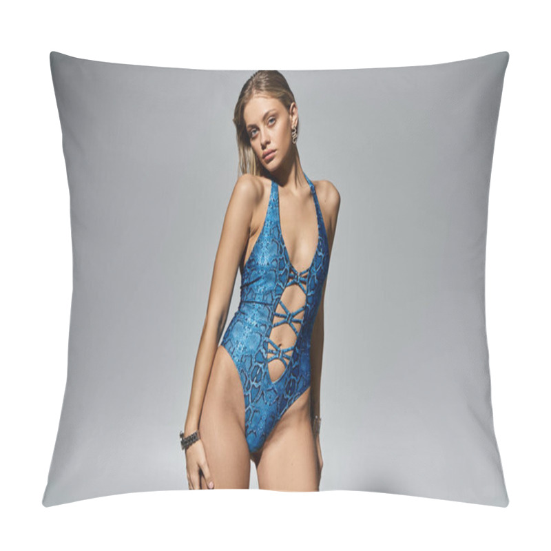 Personality  Fashionable Woman With Blonde Hair Posing In A Blue Swimsuit. Pillow Covers