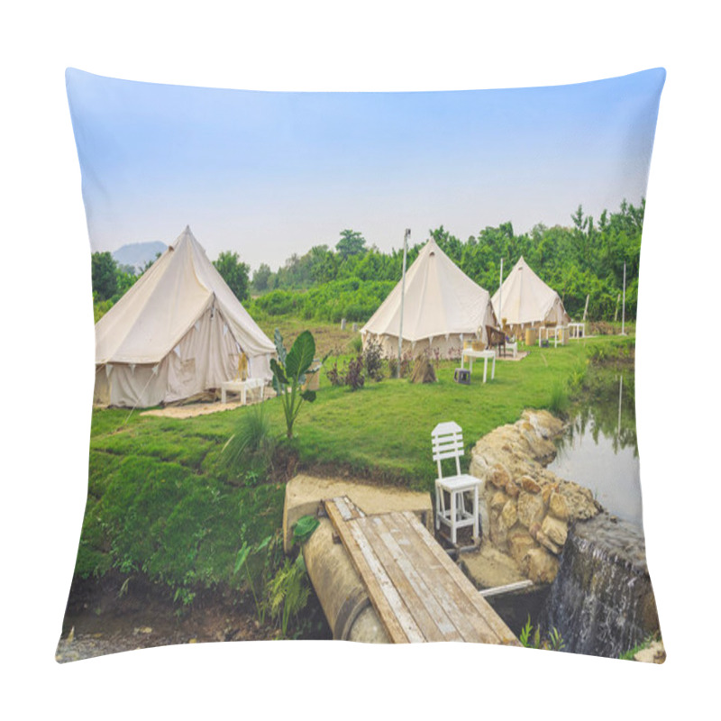 Personality  Holiday Tents And Lounge Areas On Green Lawn Place Among Trees At Natural Parkland. Camping Tent On Nature In Summer.Travel Background. Place For Picnic Outdoors. Recreation Area And Camp With Tent. Pillow Covers