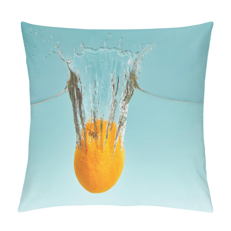 Personality  Tasty Fresh Orange Falling In Water With Splash On Blue Background Pillow Covers