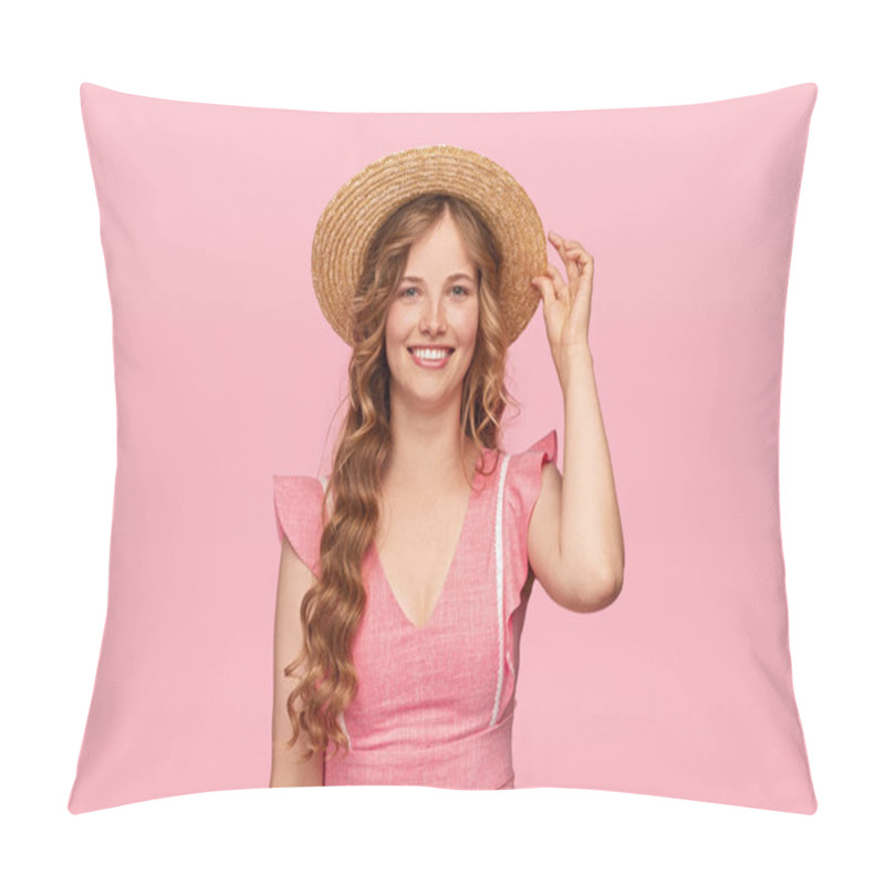 Personality  Cheerful Slavic Woman Adjusting Straw Hat Pillow Covers