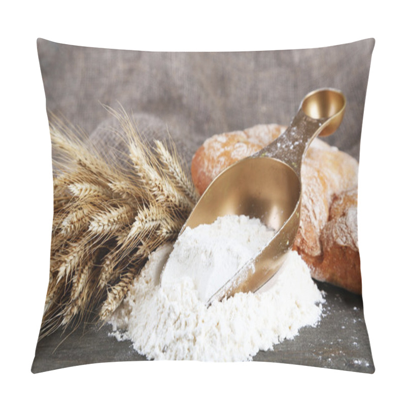 Personality  The Wholemeal Flour In Scoop On Wooden Table On Sackcloth Background Pillow Covers