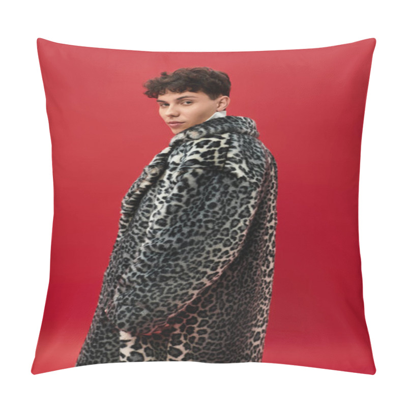 Personality  Handsome Man Turns Confidently, Wearing A Chic Leopard Print Coat With A Striking Red Background. Pillow Covers