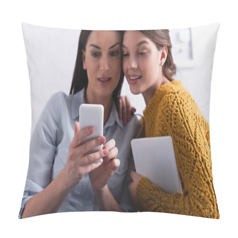 Personality  Teenage Girl Holding Digital Tablet And Looking At Smartphone In Mother Hands Pillow Covers