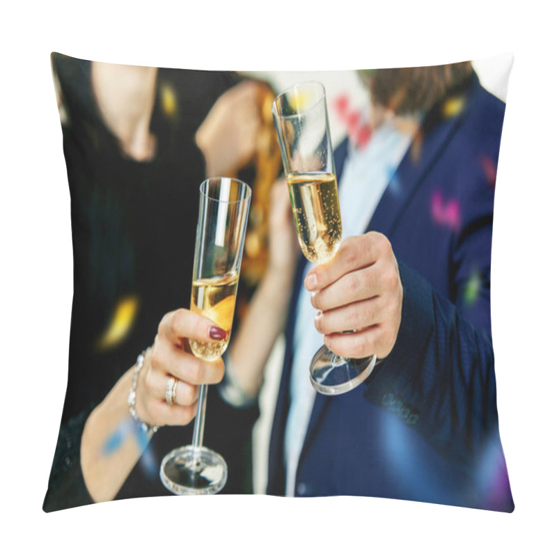 Personality  Celebration. Hands Holding The Glasses Of Champagne And Wine Making A Toast. Pillow Covers