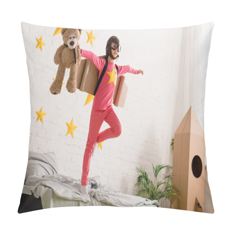 Personality  Kid With Teddy Bear Standing On Bed On One Leg Pillow Covers