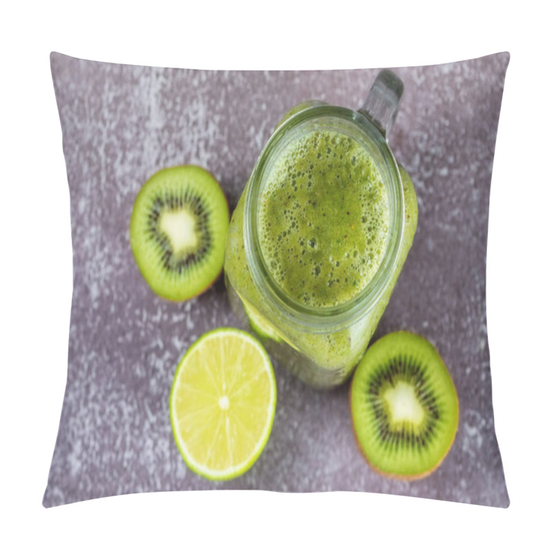 Personality  Close-up On The Texture Of Smoothies In A Mug And Lying Nearby Halves Of Fruits On A Gray Background, Top View, Layout. Pillow Covers