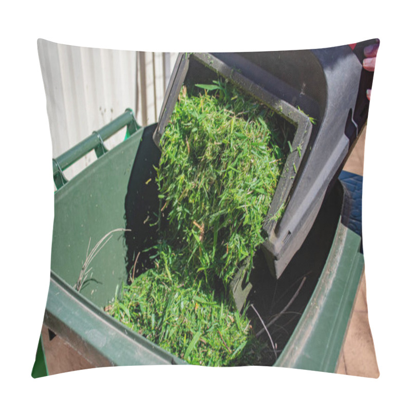 Personality  Green Bin Container Filled With Mowed Grass. Lawn Mower Basket Emptying Into The Bin. Spring Clean Up In The Garden. Recycling Garbage For A Better Environment. Pillow Covers