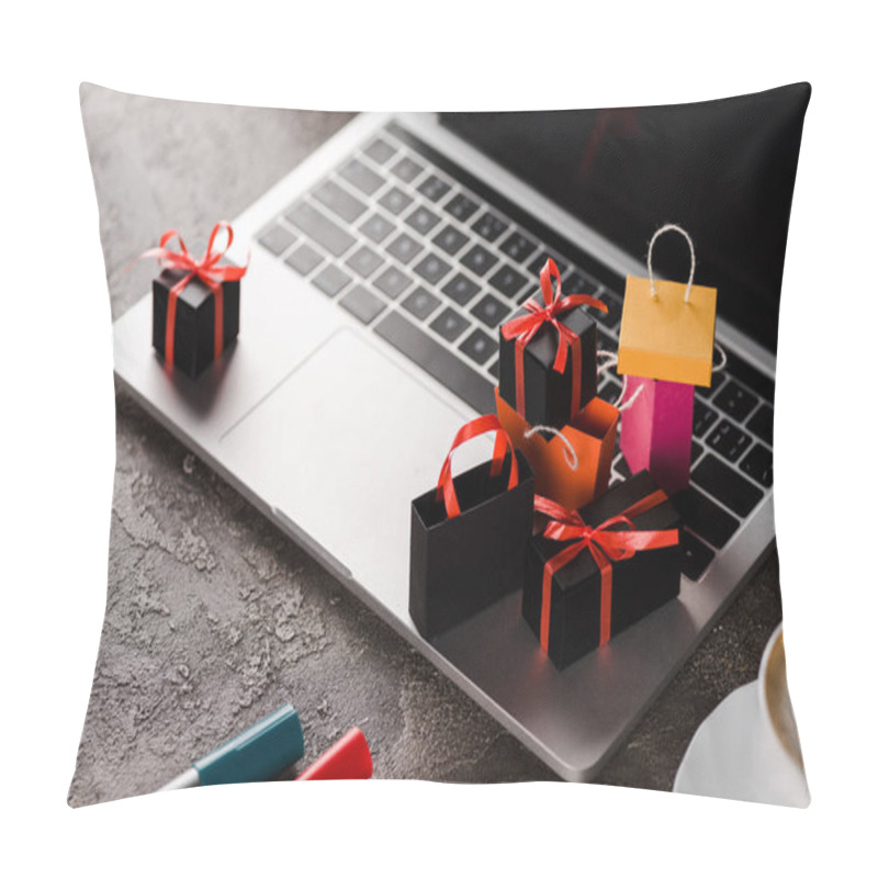 Personality  Selective Focus Of Shopping Bags Near Laptop, Cup Of Coffee And Marker Pens, E-commerce Concept Pillow Covers