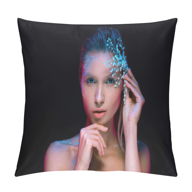 Personality  Winter Beautiful  Woman With Decorative Snowflake Looking At Camera Isolated On Black Pillow Covers