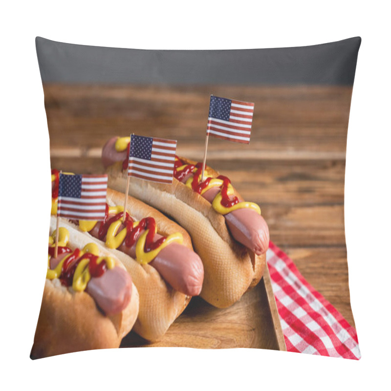 Personality  Tasty Hot Dogs With Sauces And Small Usa Flags On Wooden Surface Isolated On Grey Pillow Covers