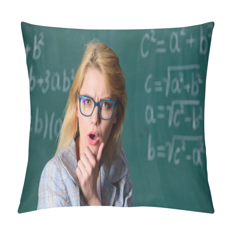 Personality  Solve That Task. School Education Basic Knowledge. Lady Wear Eyeglasses Smart Teacher Classroom Chalkboard Background, Close Up. Teacher Woman Think About Solving And Result. Solve Mathematics Task Pillow Covers