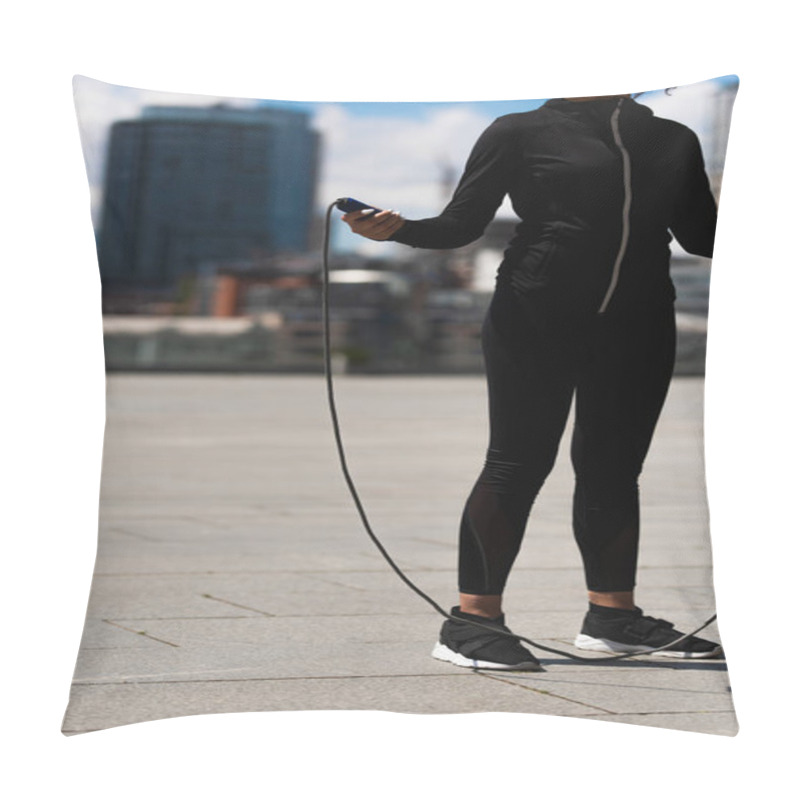 Personality  Cropped View Of African American Sportswoman Holding Jump Rope On Urban Street  Pillow Covers