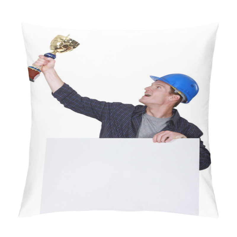 Personality  Tradesman Holding Up A Trophy Pillow Covers