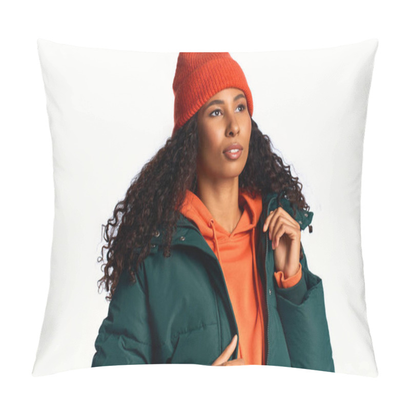 Personality  A Stylish Woman Models Trendy Winter Wear With Confidence In A Cozy Setting. Pillow Covers