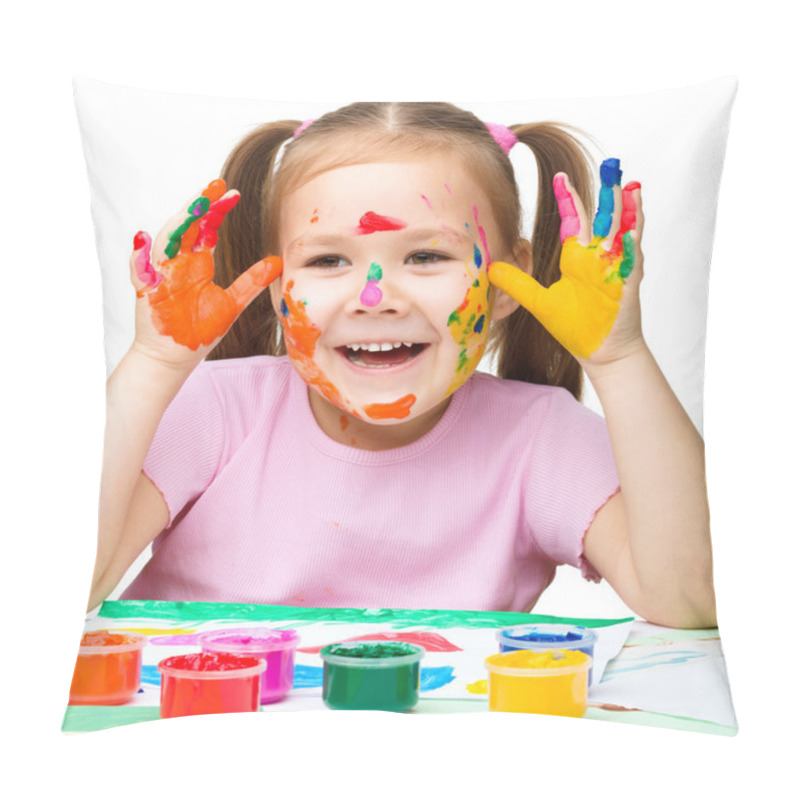 Personality  Portrait Of A Cute Girl Playing With Paints Pillow Covers