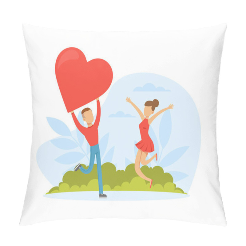 Personality  Male And Female Feeling Love And Affection Holding Heart And Jumping With Joy Vector Illustration Pillow Covers