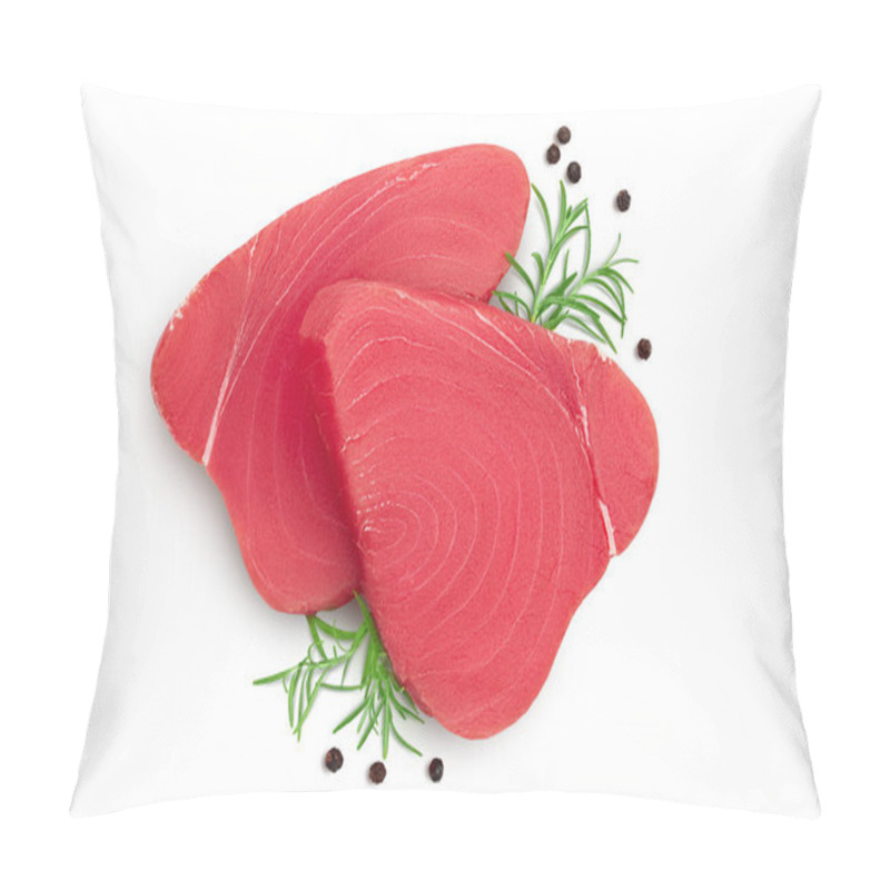 Personality  Fresh Tuna Fish Fillet Steak With Rosemary And Peppercorns Isolated On White Background With Clipping Path. Top View. Flat Lay Pillow Covers