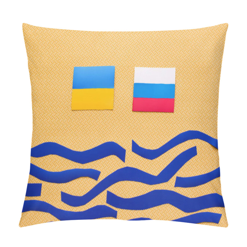 Personality  Top View Of Ukrainian And Russian Flags Above Paper Sea On Textured Yellow Background  Pillow Covers