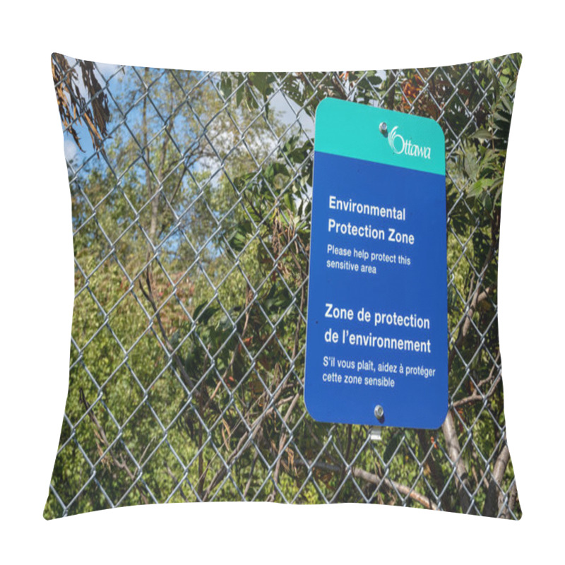 Personality  A City Of Ottawa Sign On A Chain Link Fence Informs Visitors To Carlington Park That The Area Is An Environmental Protection Zone. Pillow Covers