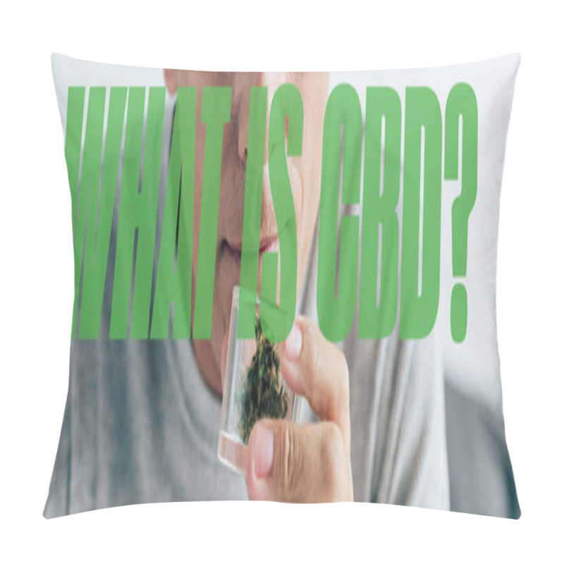 Personality  Cropped View Of Man In T-shirt Holding Medical Cannabis In Glass Container, Panoramic Shot With What Is CBD Question Pillow Covers