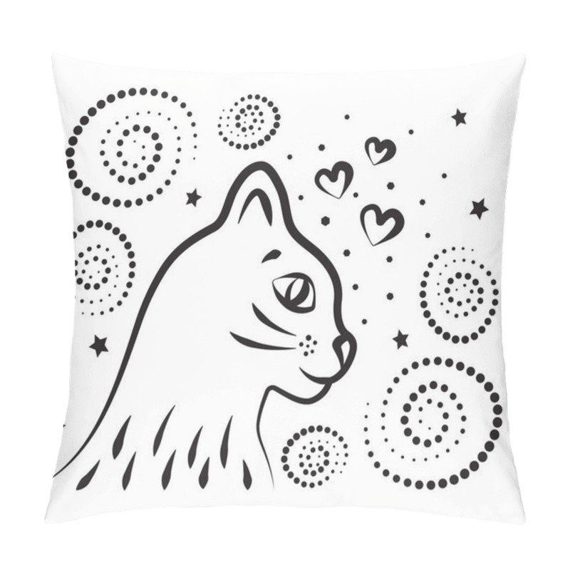 Personality  Cute Cat In Profile, Swirls, Spirals And Hearts, Black Monochrome Vector Illustration Pillow Covers