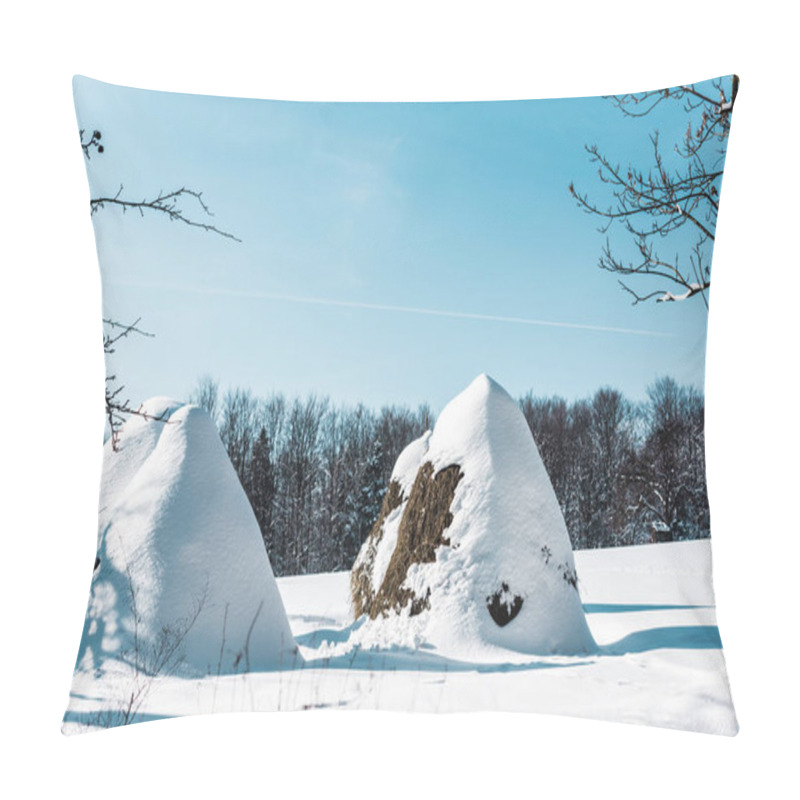 Personality  Haystacks Covered With Snow In Carpathian Mountains At Daytime Pillow Covers