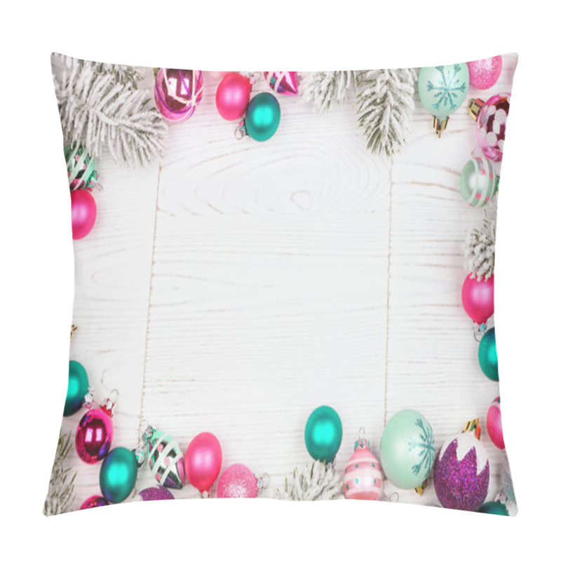 Personality  Christmas Frame With Pink, Purple And Teal Baubles And Tree Branches. Top View On A White Wood Background. Pillow Covers