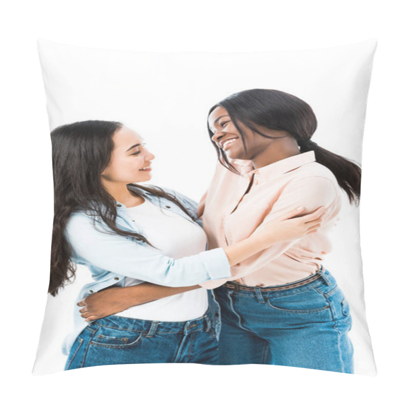 Personality  Smiling Asian And African American Friends Hugging Isolated On White  Pillow Covers