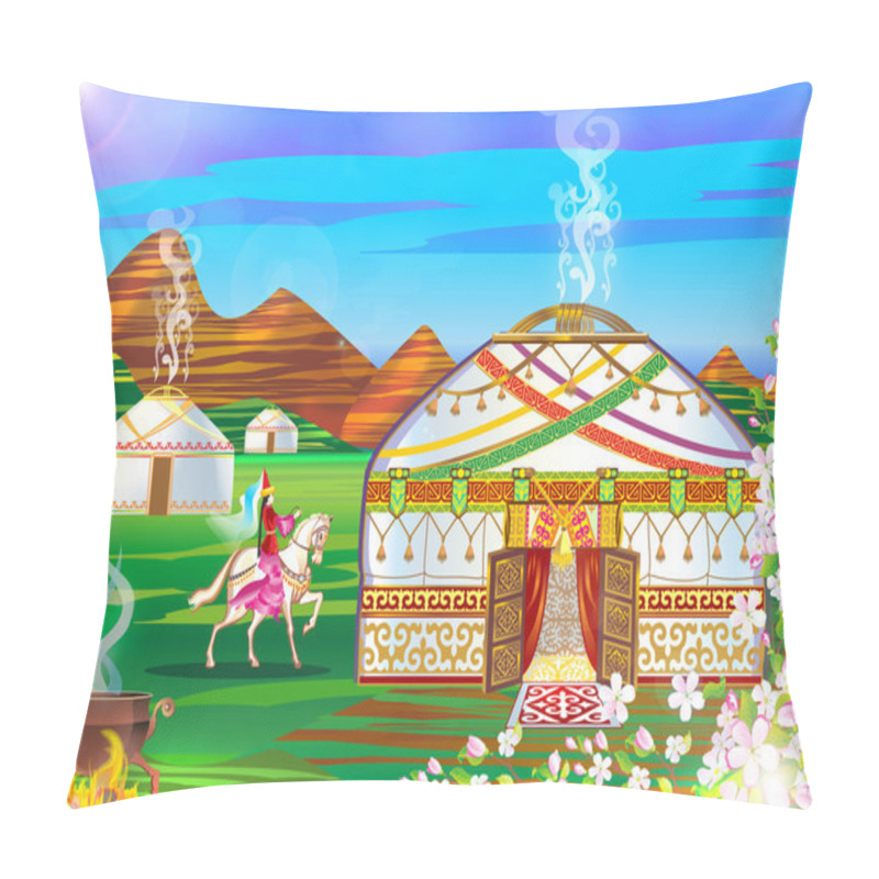 Personality  Village, Village, Yurts, Horses, Sky, Mountains, Grasslands, Fields, People Living In Yurts Pillow Covers