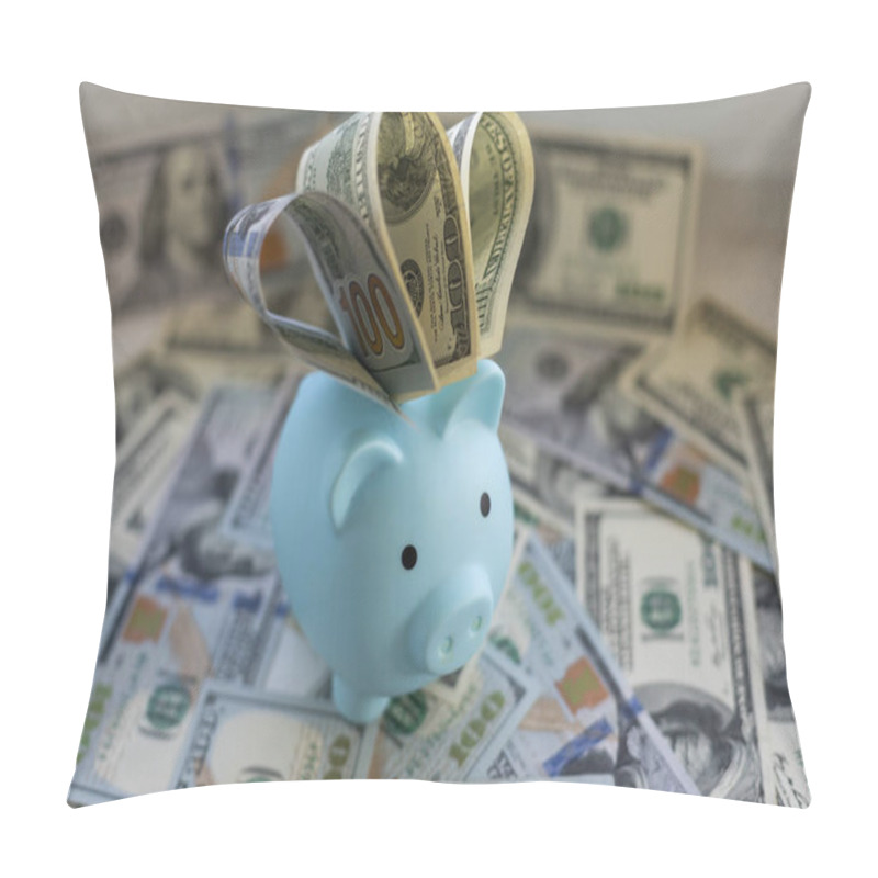 Personality  Business, Finance, Investment, Saving And Corruption Concept - Close Up Of Dollar Cash Money And Piggy Bank On Table. Pillow Covers