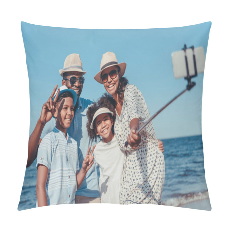 Personality  Young Happy African American Family Taking Selfie With Smartphone On Beach On Sunny Day Pillow Covers