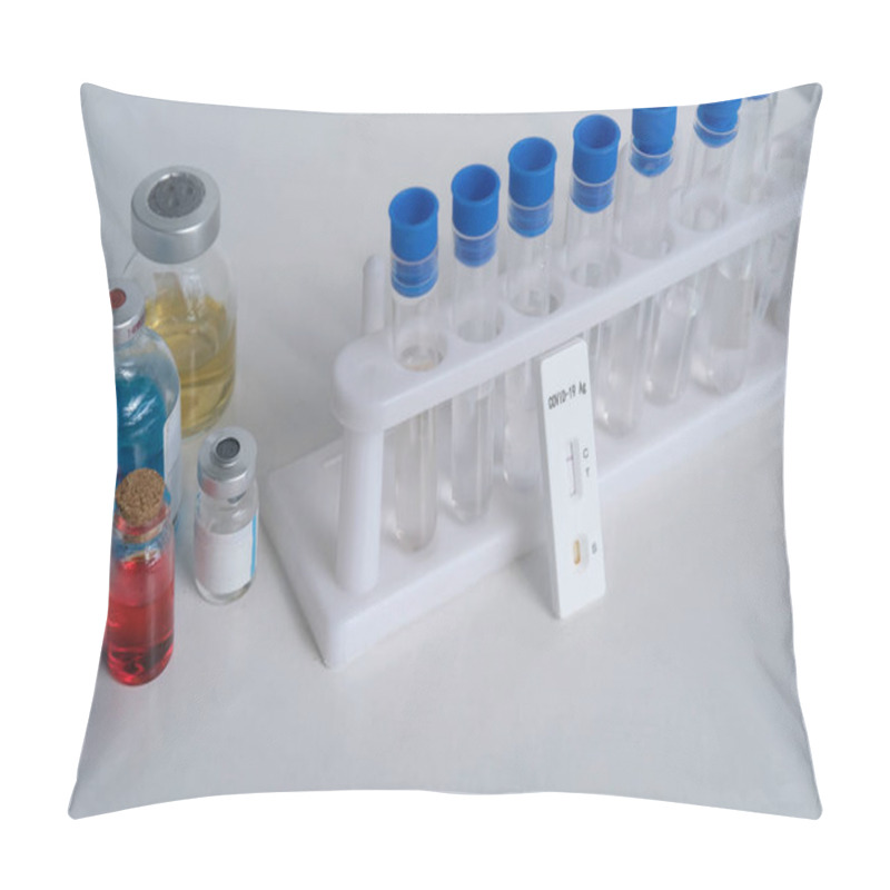 Personality  Antigenic Test Cassette, Glass Test Tubes With Reagents, Conducting A Rapid Test Covid-19 In A Medical Laboratory, Concept Of Early Detection Of A Viral Disease Pillow Covers