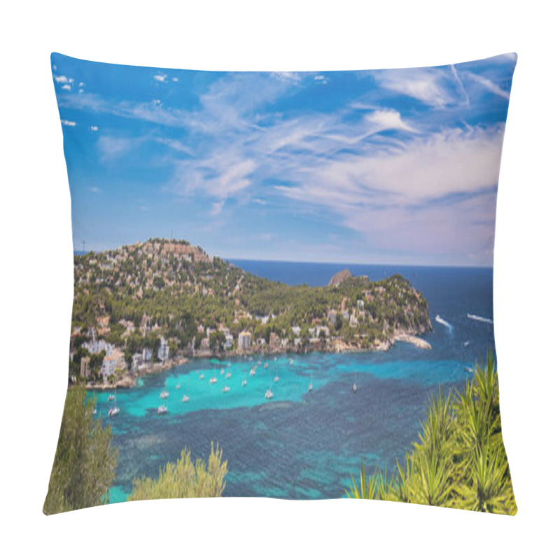 Personality  Panoramic Image Coastline Of Santa Ponsa Town In The South-west Of Majorca Island. Located In The Municipality Of Calvia, Moored Yachts On The Turquoise Tranquil Bay Of Mediterranean Sea, Spain Pillow Covers