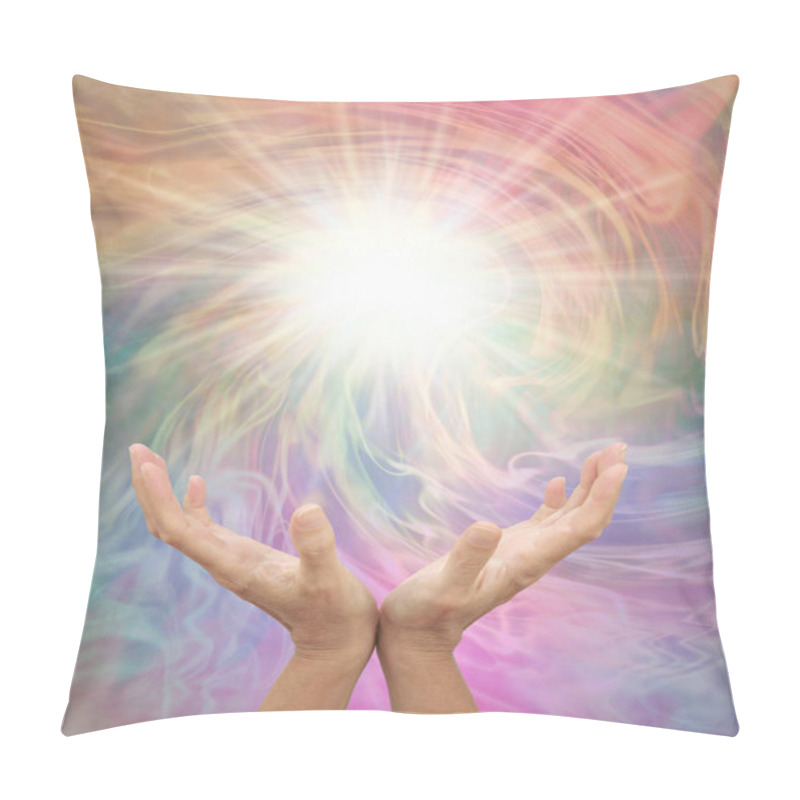 Personality  Connecting To Higher Dimensional Power For Inspiration - Female Open Hands Reaching Up To A Bright White Light Against A Multicoloured Vortex Energy Field With Copy Space  Pillow Covers