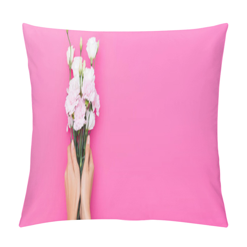 Personality  Cropped View Of Woman With Pastel Nails Holding Carnation And Eustoma Flowers On Pink Background, Banner Pillow Covers