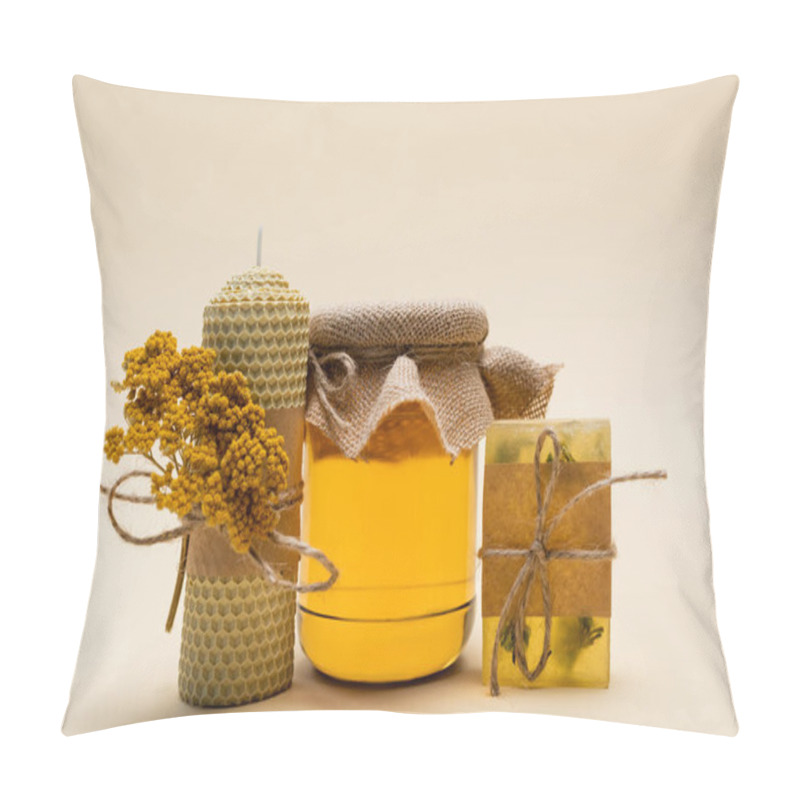 Personality  Jar Of Honey Near Handmade Candle And Soap On Beige Background Pillow Covers