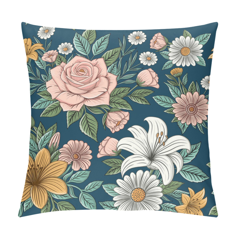 Personality  Rose, Hibiscus And Daisy Seamless Pattern With Green Leaves. Hand Drawn Floral Print. Pillow Covers