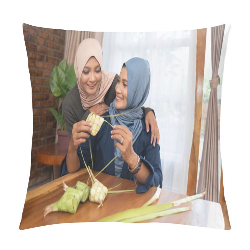 Personality  Two Veiled Woman Make A Woven Wrapper Of Ketupat Pillow Covers