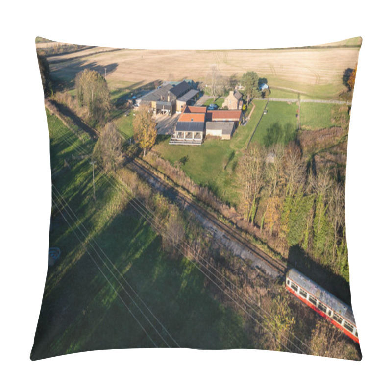 Personality  Aerial Photo Of The Beautiful British Town Of Bedale A Market Town In The Hambleton Former District Of North Yorkshire In The UK Showing A Farm House Along Side Train Tracks In The Autumn Time Pillow Covers