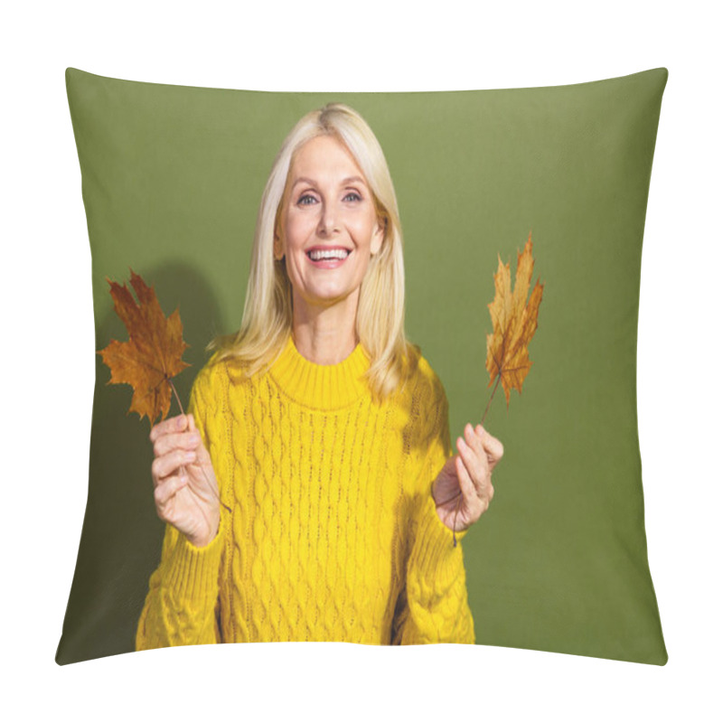 Personality  Photo Of Lovely Positive Lady Wear Trendy Yellow Sweater Hold Maple Leaves Empty Space Isolated On Green Color Background. Pillow Covers