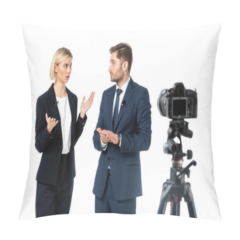 Personality  Amazed Broadcaster Gesturing Near Colleague And Digital Camera On Blurred Foreground Isolated On White Pillow Covers