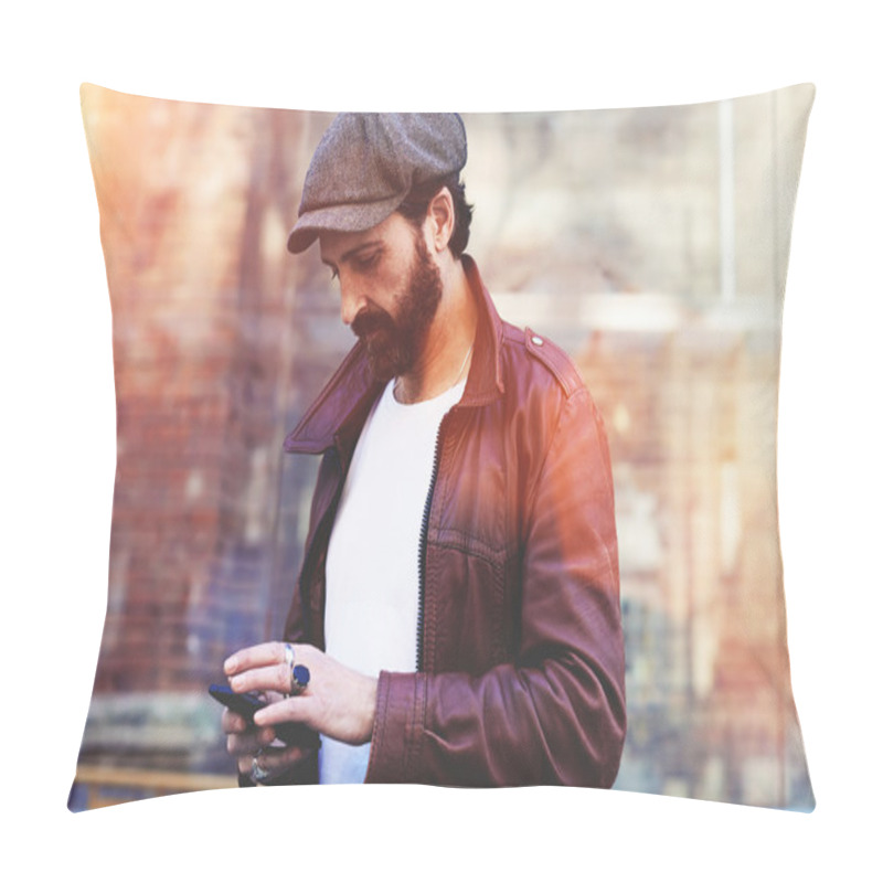 Personality  Bearded Man Using Mobile Phone Pillow Covers