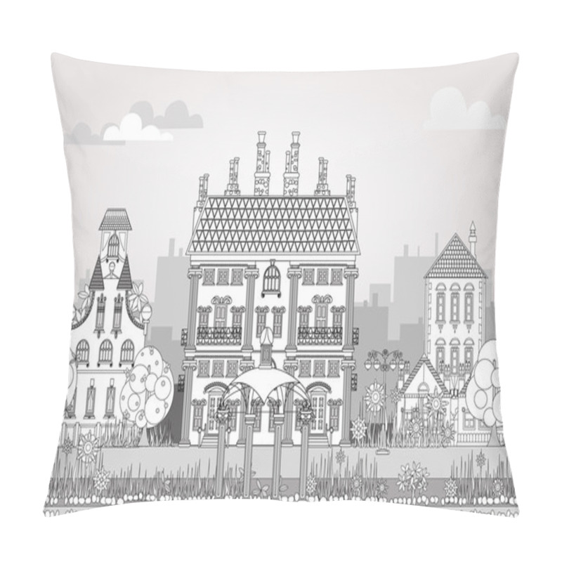 Personality  Doodle Of Beautiful City With Very Detailed And Ornate Town Houses Pillow Covers