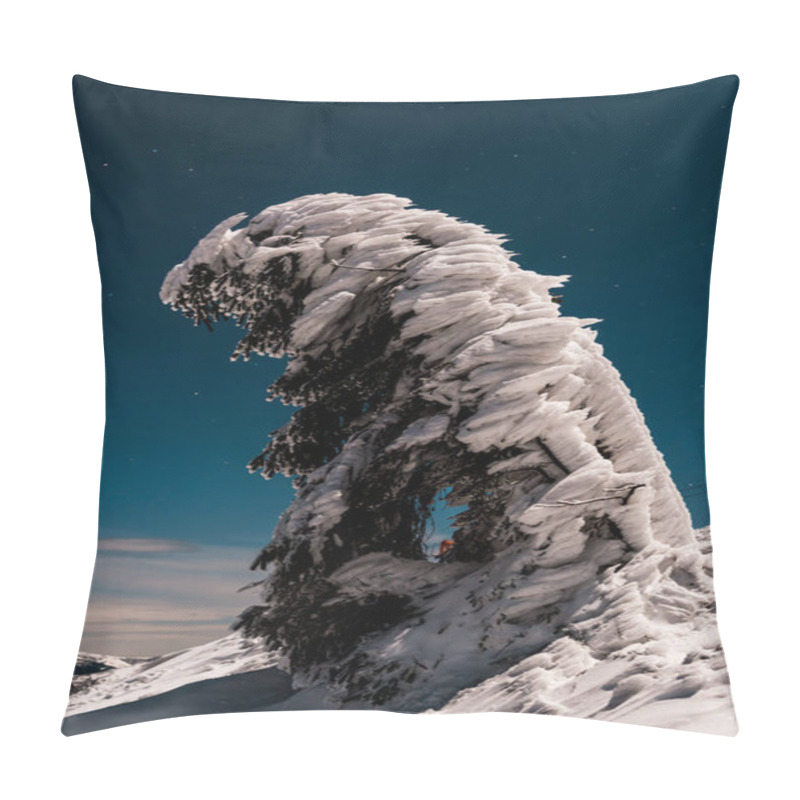 Personality  Pine Tree Covered With Snow On Mountain Against Dark Sky In Evening Pillow Covers