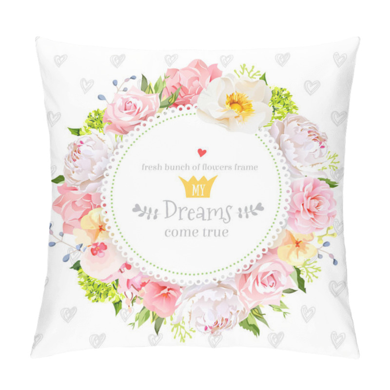 Personality  Peony, Wild Rose, Orchid, Carnation, Camellia, Hydrangea, Blue Berries And Green Leaves Vector Design Round Card. Pillow Covers