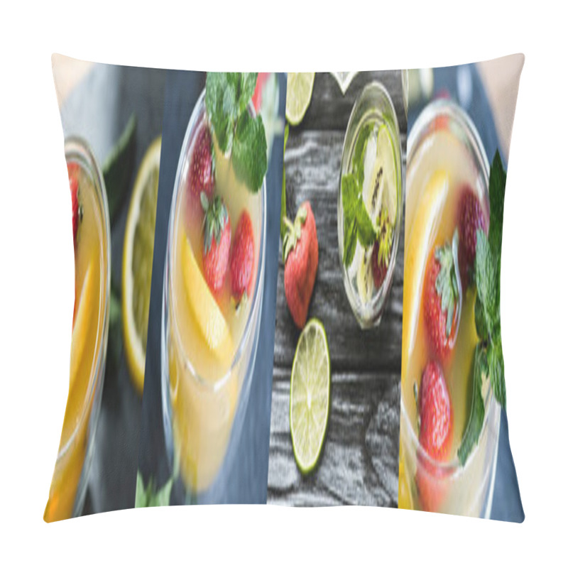 Personality  Collage Of Tea With Strawberries, Lemons And Mint Leaves Near Mojito Cocktail  Pillow Covers