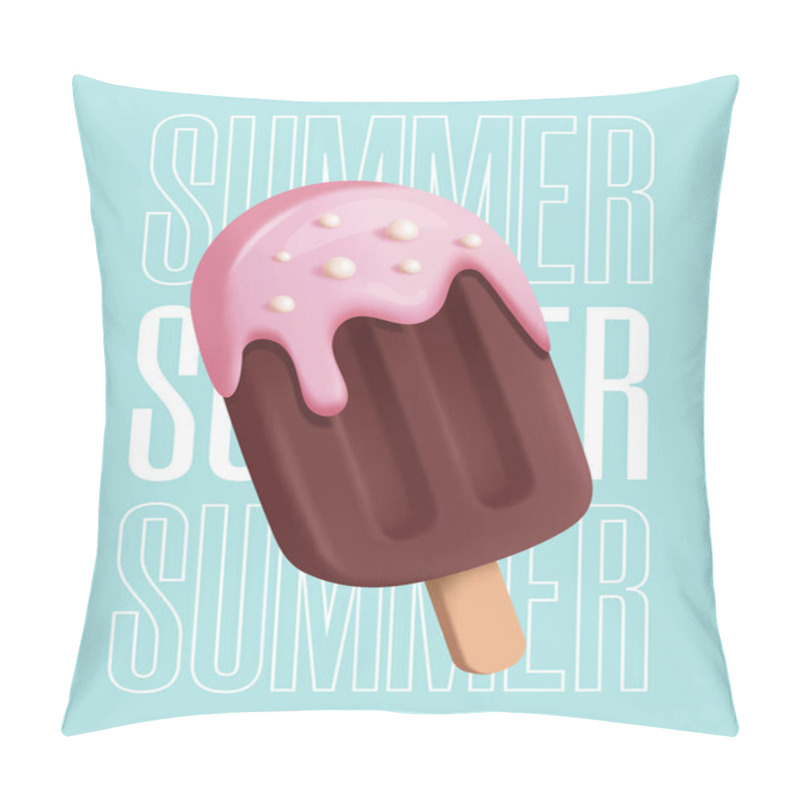 Personality  Soft 3D Vector Illustration Of A Chocolate Popsicle With Pink Frosting And Sprinkles On A Blue Summer-themed Background, Ideal For Dessert, Summer, And Food-related Designs Pillow Covers