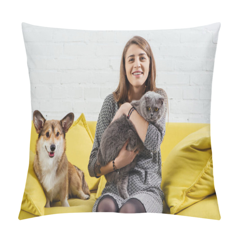 Personality  Attractive Woman Sitting On Sofa With Funny Pembroke Welsh Corgi And Cute Scottish Fold Cat Pillow Covers